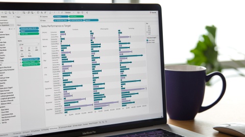 Visual, colourful Tableau graphs on screen next to a purple coffee mug